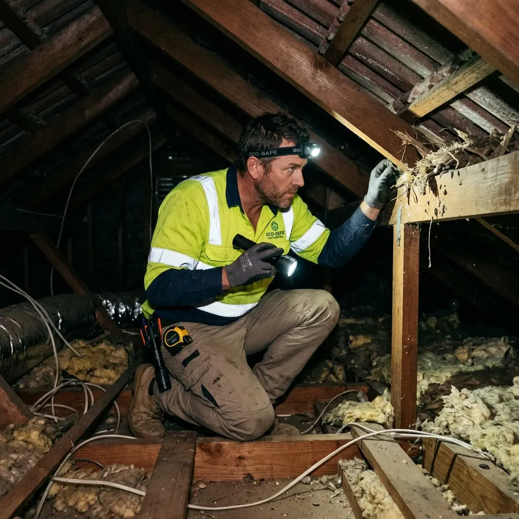 Technician inspecting a roof cavity for a dead animal in Launching Place