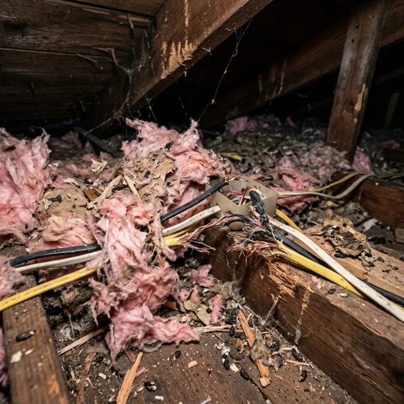 Contaminated ceiling insulation being assessed in a Launching Place roof space
