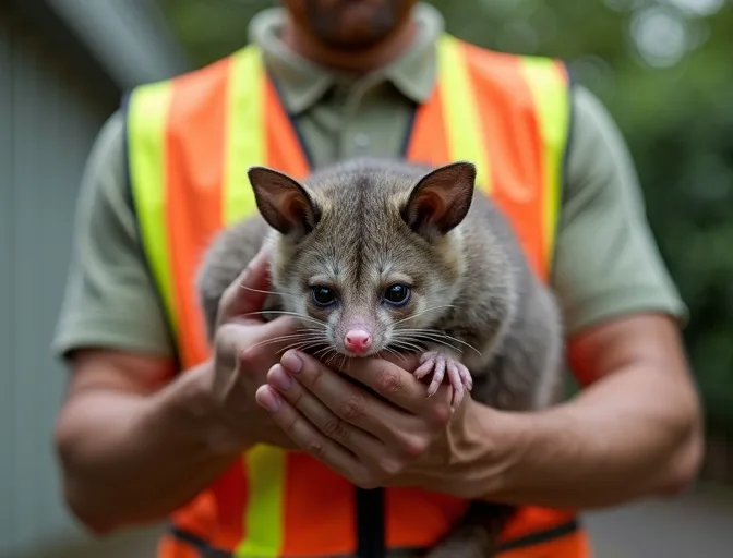 Animal handler safely recovering a deceased possum in Launching Place